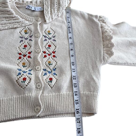 Zara Cream Floral Embroidered Eyelet Collar Frill Sleeve Cardigan Sweater Size S - Picture 9 of 9